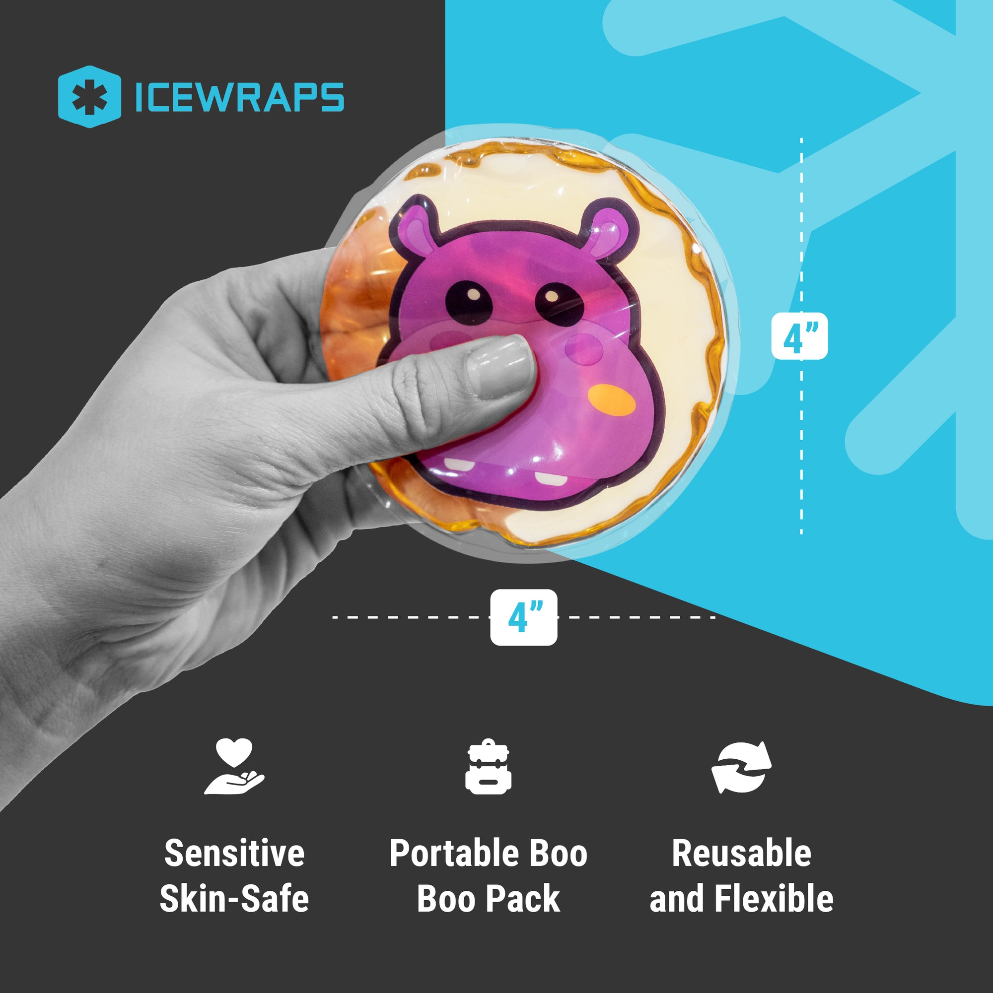 ICEWRAPS 4” Round Reusable Gel Packs - Hot Cold Boo Boo Pack for Kids Injuries - First Aid and Pain Relief - 4 Pack