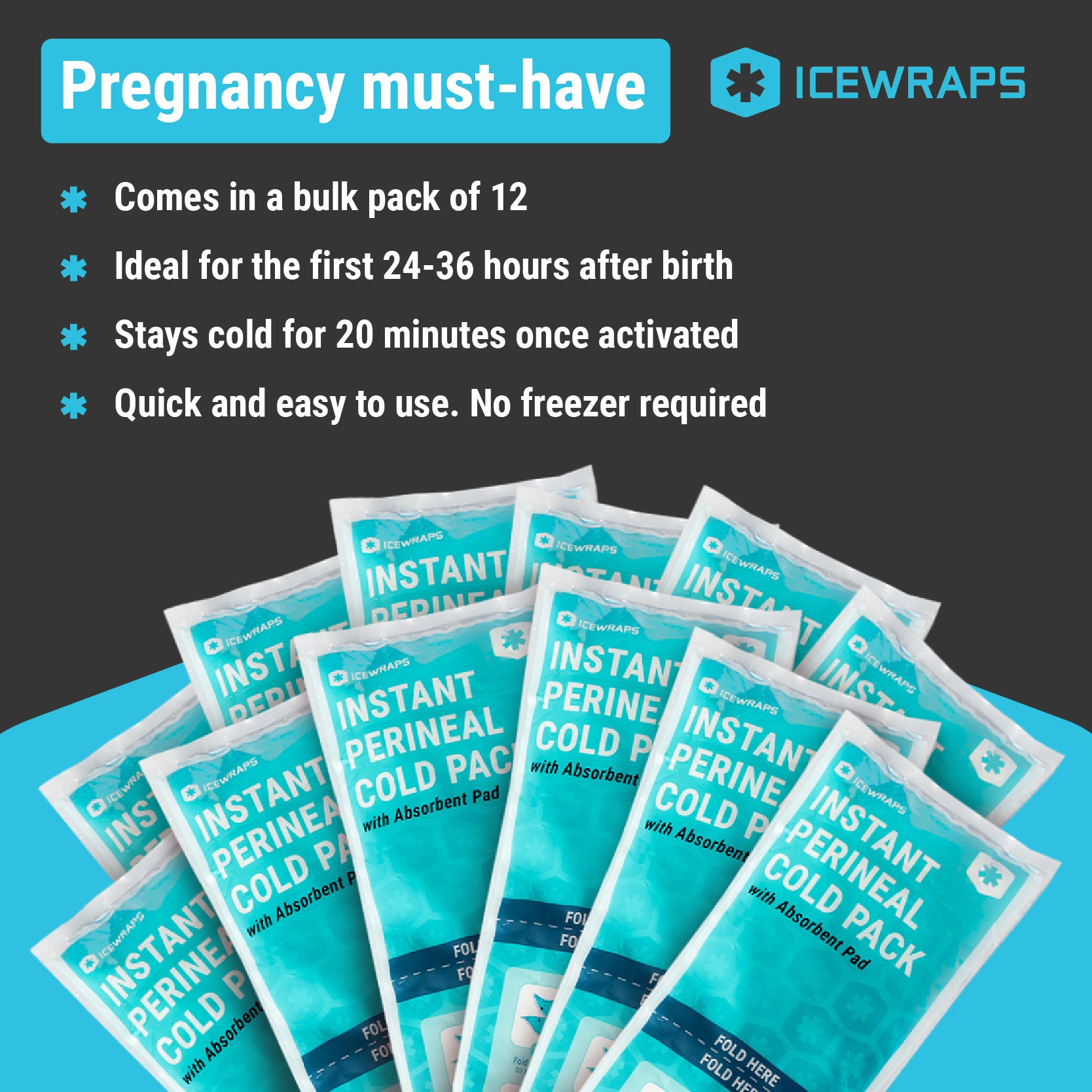 ICEWRAPS Instant Perineal Cold Pack - 2 in 1 Absorbent Maxi Pad and Instant Cold Pack - 12 Count Single Use Postpartum Ice Cold Compress for After Birth