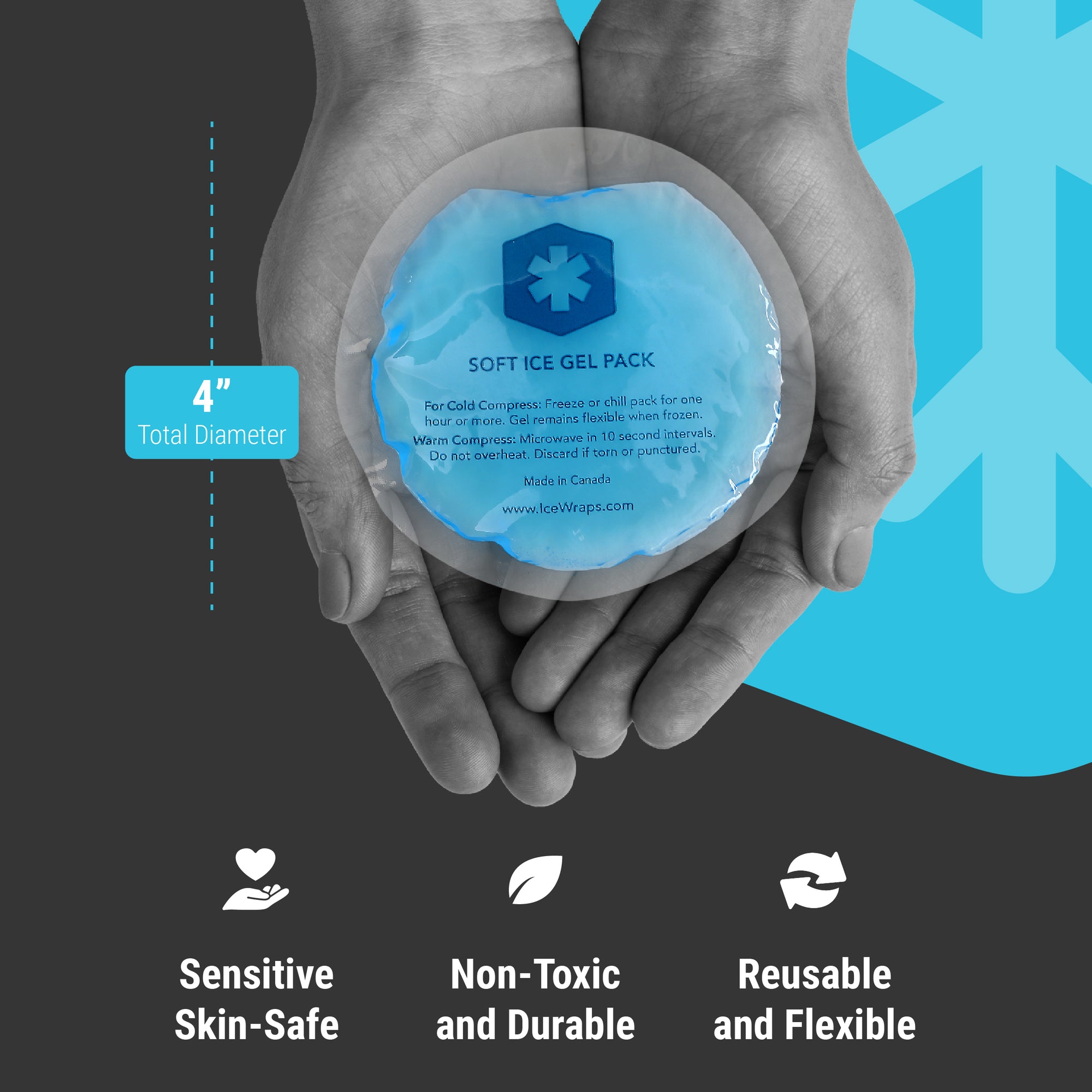 IceWraps 4" Round Reusable Hot/Cold Gel Pack with Clear Backing, 5 Pack