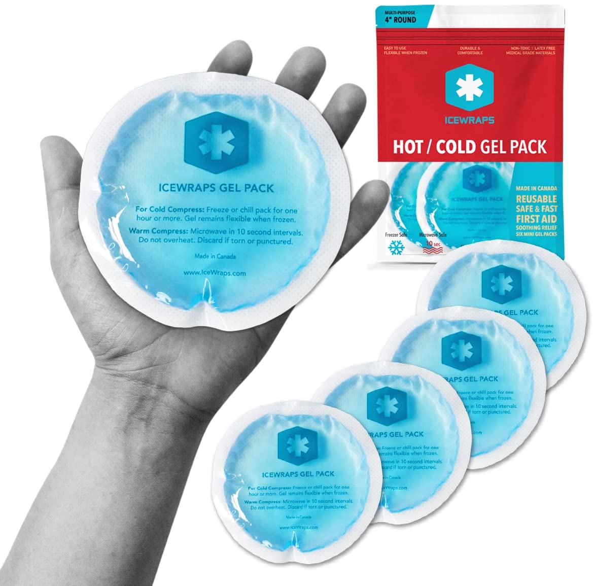 IceWraps 4 Round Reusable Hot/Cold Gel Pack with Cloth Backing, 5 Pack